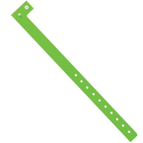 Durable Day-Glo green plastic wristbands with non-reusable tamper-resistant locking closures that discourage transfer and increase security. Each case contains 500 units of 3/4