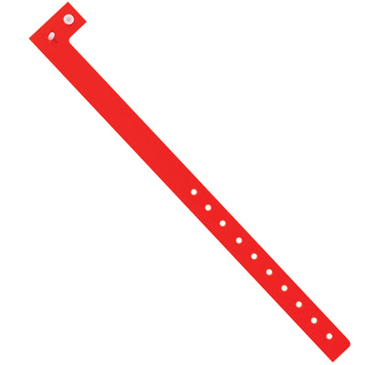 Durable Day-Glo red plastic wristbands with tamper-resistant locking closure that discourages transfer and enhances security. Water and stretch-resistant material ensures comfortable extended wear, making these 3/4" x 10" ID bracelets ideal for events, crowd control, and shipping operations. Sold by the case of 500 for maximum cost-efficiency.