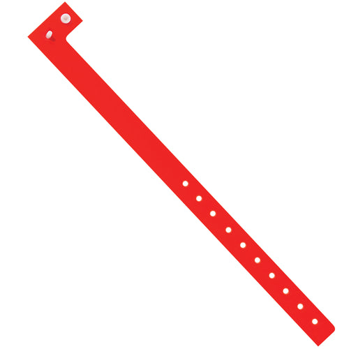 Durable Day-Glo red plastic wristbands with tamper-resistant locking closure that discourages transfer and enhances security. Water and stretch-resistant material ensures comfortable extended wear, making these 3/4