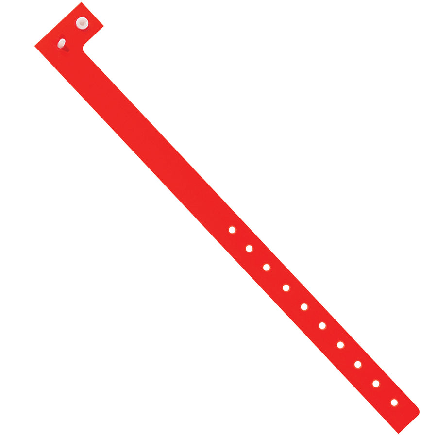 Durable Day-Glo red plastic wristbands with tamper-resistant locking closure that discourages transfer and enhances security. Water and stretch-resistant material ensures comfortable extended wear, making these 3/4" x 10" ID bracelets ideal for events, crowd control, and shipping operations. Sold by the case of 500 for maximum cost-efficiency.