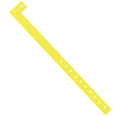 Day-Glo yellow plastic wristbands with tamper-resistant locking closure for maximum security and transfer prevention. Each wristband measures 3/4" x 10" and resists water and stretching. Sold in convenient cases of 500 units.