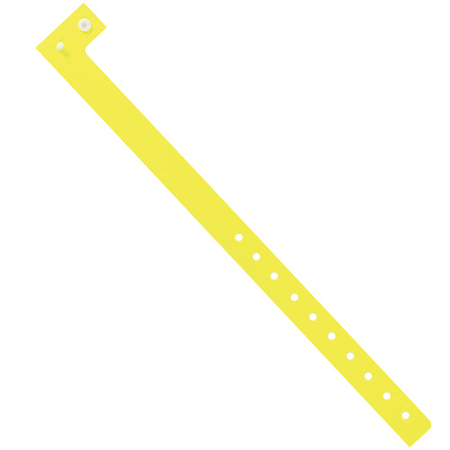 Day-Glo yellow plastic wristbands with tamper-resistant locking closure for maximum security and transfer prevention. Each wristband measures 3/4