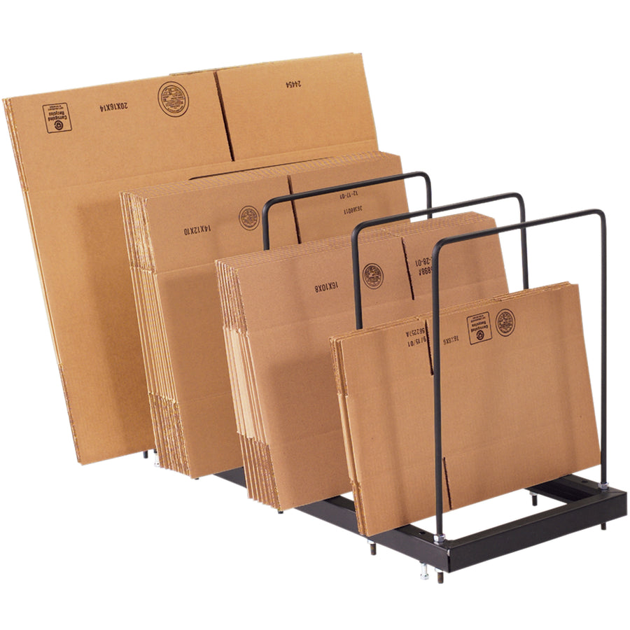 Professional-grade steel carton stand designed to maximize warehouse efficiency and keep work stations organized. Features four adjustable dividers to hold cartons upright for fast, easy dispensing. Powder-coated black steel frame handles heavy daily use in shipping rooms and distribution centers.