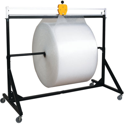 Professional-grade 50" roll storage stand built from 1.5" 16 gauge steel tubing with 300-pound weight capacity. Dispenses bubble wrap, foam, paper, and plastic rolls up to 48" wide with precision rotary shear cutter that cuts in both directions. Optional casters available to transform your stationary stand into a mobile warehouse solution.