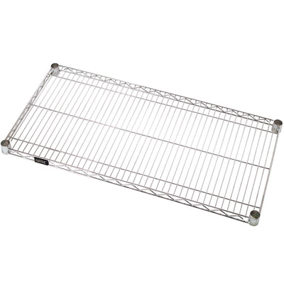 Heavy-duty 36 x 18" wire shelf built from chrome-plated carbon steel resists rust and corrosion in demanding warehouse and storage environments. Engineered for 800 lbs weight capacity with pre-installed snap-on post sleeves for fast assembly. Perfect replacement or expansion shelf for adjustable open wire shelving units.