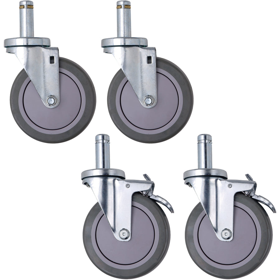Mobilize your wire shelving operations with these industrial-grade 5" polyurethane swivel casters featuring chrome stems and integrated braking on two units. Engineered for durability and smooth movement across warehouse floors. Sold as a case of 4 casters–cost-effective mobility for adjustable open wire shelving systems.
