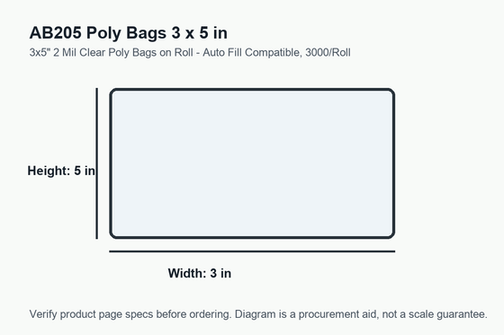 AB205 dimension diagram showing 3 x 5 inch poly bags.