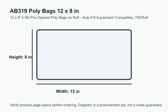 AB319 dimension diagram showing 12 x 8 inch poly bags.