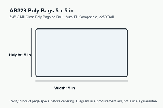 AB329 dimension diagram showing 5 x 5 inch poly bags.