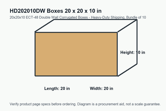 HD202010DW dimension diagram showing 20 x 20 x 10 inch boxes.