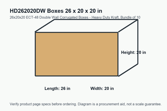 HD262020DW dimension diagram showing 26 x 20 x 20 inch boxes.