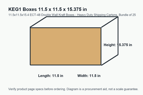 KEG1 dimension diagram showing 11.5 x 11.5 x 15.375 inch boxes.