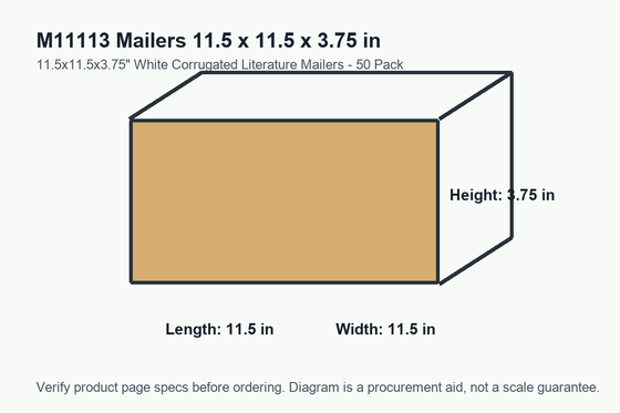 M11113 dimension diagram showing 11.5 x 11.5 x 3.75 inch mailers.