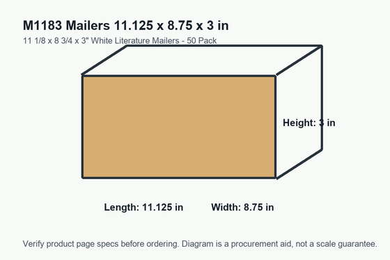M1183 dimension diagram showing 11.125 x 8.75 x 3 inch mailers.