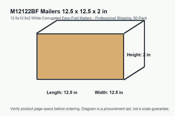 M12122BF dimension diagram showing 12.5 x 12.5 x 2 inch mailers.