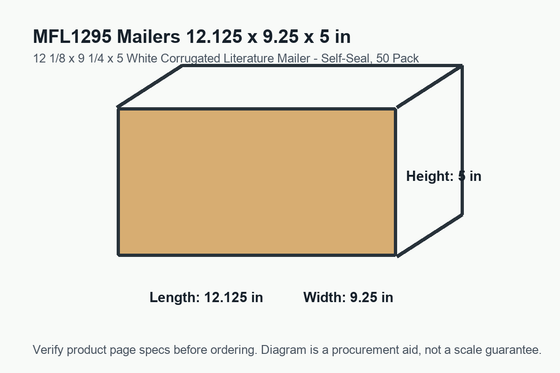 MFL1295 dimension diagram showing 12.125 x 9.25 x 5 inch mailers.