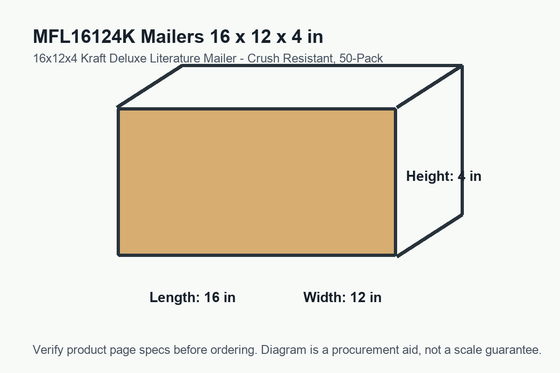 MFL16124K dimension diagram showing 16 x 12 x 4 inch mailers.