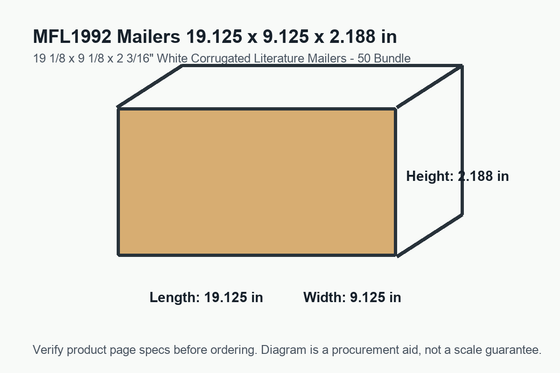 MFL1992 dimension diagram showing 19.125 x 9.125 x 2.188 inch mailers.