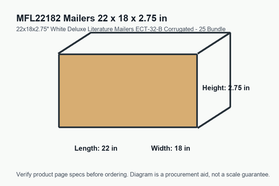 MFL22182 dimension diagram showing 22 x 18 x 2.75 inch mailers.