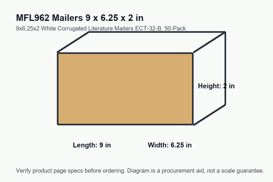 MFL962 dimension diagram showing 9 x 6.25 x 2 inch mailers.