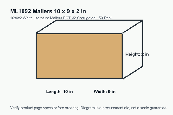 ML1092 dimension diagram showing 10 x 9 x 2 inch mailers.