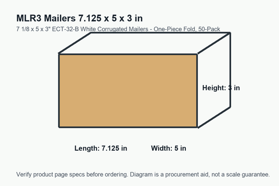 MLR3 dimension diagram showing 7.125 x 5 x 3 inch mailers.