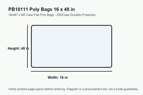 PB10111 dimension diagram showing 16 x 48 inch poly bags.