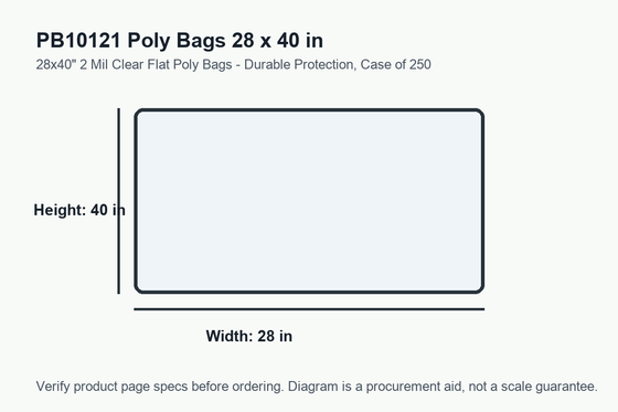 PB10121 dimension diagram showing 28 x 40 inch poly bags.