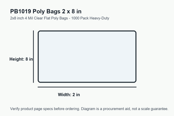 PB1019 dimension diagram showing 2 x 8 inch poly bags.
