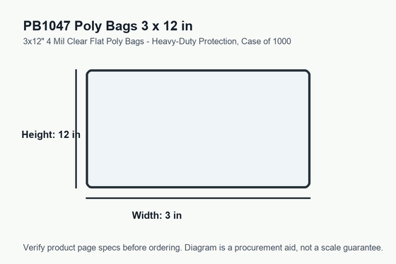 PB1047 dimension diagram showing 3 x 12 inch poly bags.