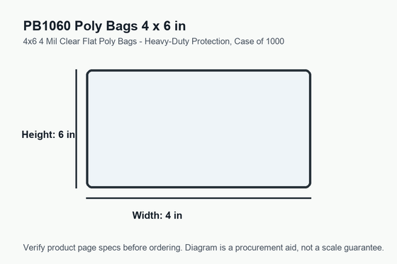PB1060 dimension diagram showing 4 x 6 inch poly bags.