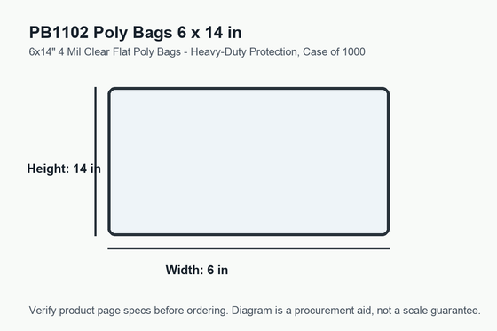 PB1102 dimension diagram showing 6 x 14 inch poly bags.