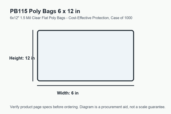 PB115 dimension diagram showing 6 x 12 inch poly bags.