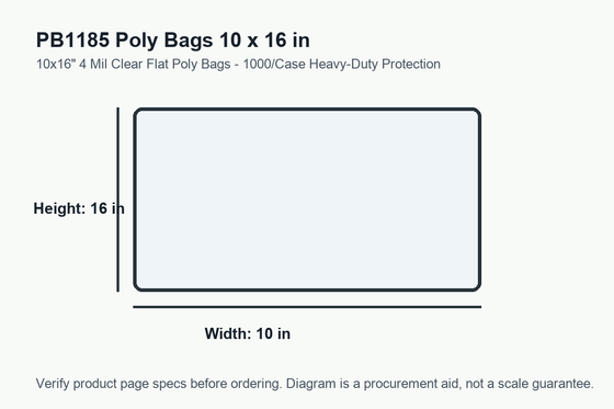 PB1185 dimension diagram showing 10 x 16 inch poly bags.