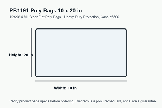 PB1191 dimension diagram showing 10 x 20 inch poly bags.