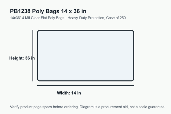 PB1238 dimension diagram showing 14 x 36 inch poly bags.
