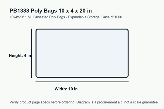 PB1388 dimension diagram showing 10 x 4 x 20 inch poly bags.