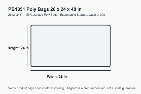 PB1391 dimension diagram showing 26 x 24 x 48 inch poly bags.