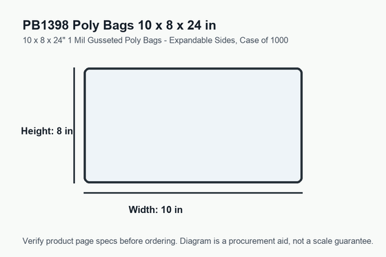 PB1398 dimension diagram showing 10 x 8 x 24 inch poly bags.