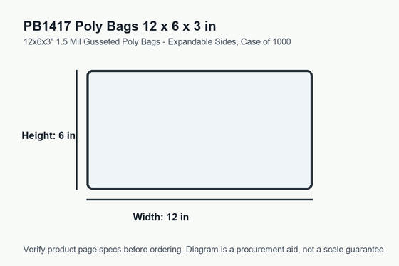 PB1417 dimension diagram showing 12 x 6 x 3 inch poly bags.