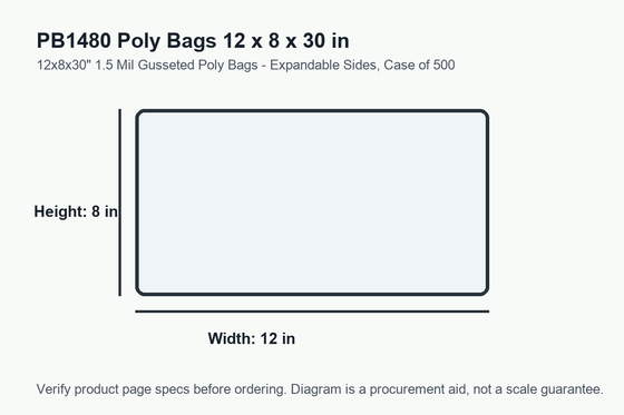 PB1480 dimension diagram showing 12 x 8 x 30 inch poly bags.