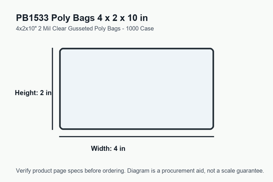 PB1533 dimension diagram showing 4 x 2 x 10 inch poly bags.