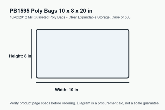 PB1595 dimension diagram showing 10 x 8 x 20 inch poly bags.