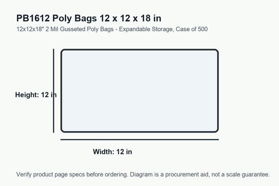 PB1612 dimension diagram showing 12 x 12 x 18 inch poly bags.