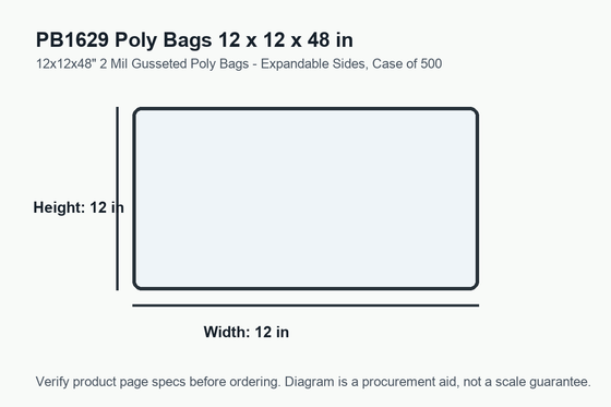 PB1629 dimension diagram showing 12 x 12 x 48 inch poly bags.
