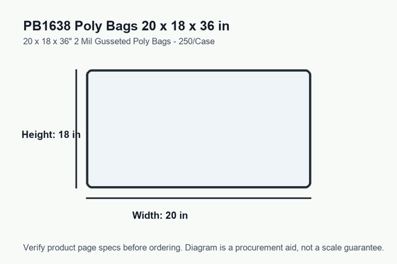 PB1638 dimension diagram showing 20 x 18 x 36 inch poly bags.