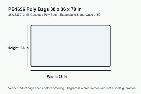 PB1696 dimension diagram showing 38 x 36 x 70 inch poly bags.