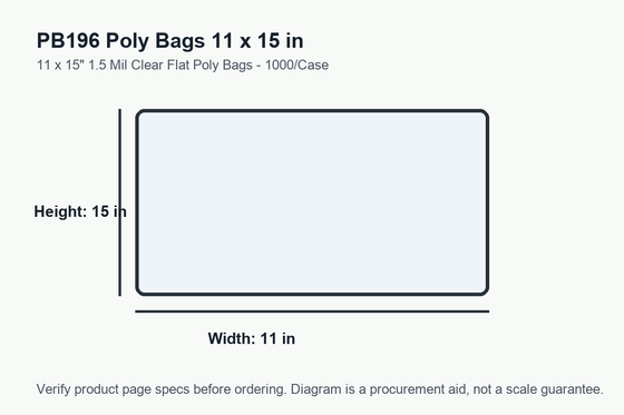 PB196 dimension diagram showing 11 x 15 inch poly bags.