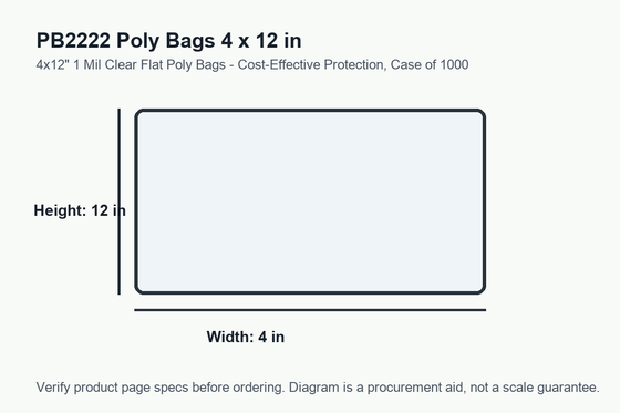 PB2222 dimension diagram showing 4 x 12 inch poly bags.