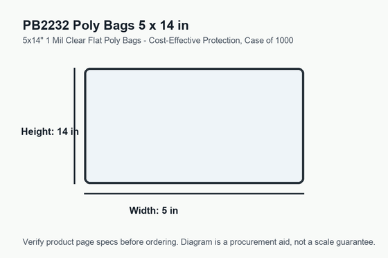 PB2232 dimension diagram showing 5 x 14 inch poly bags.